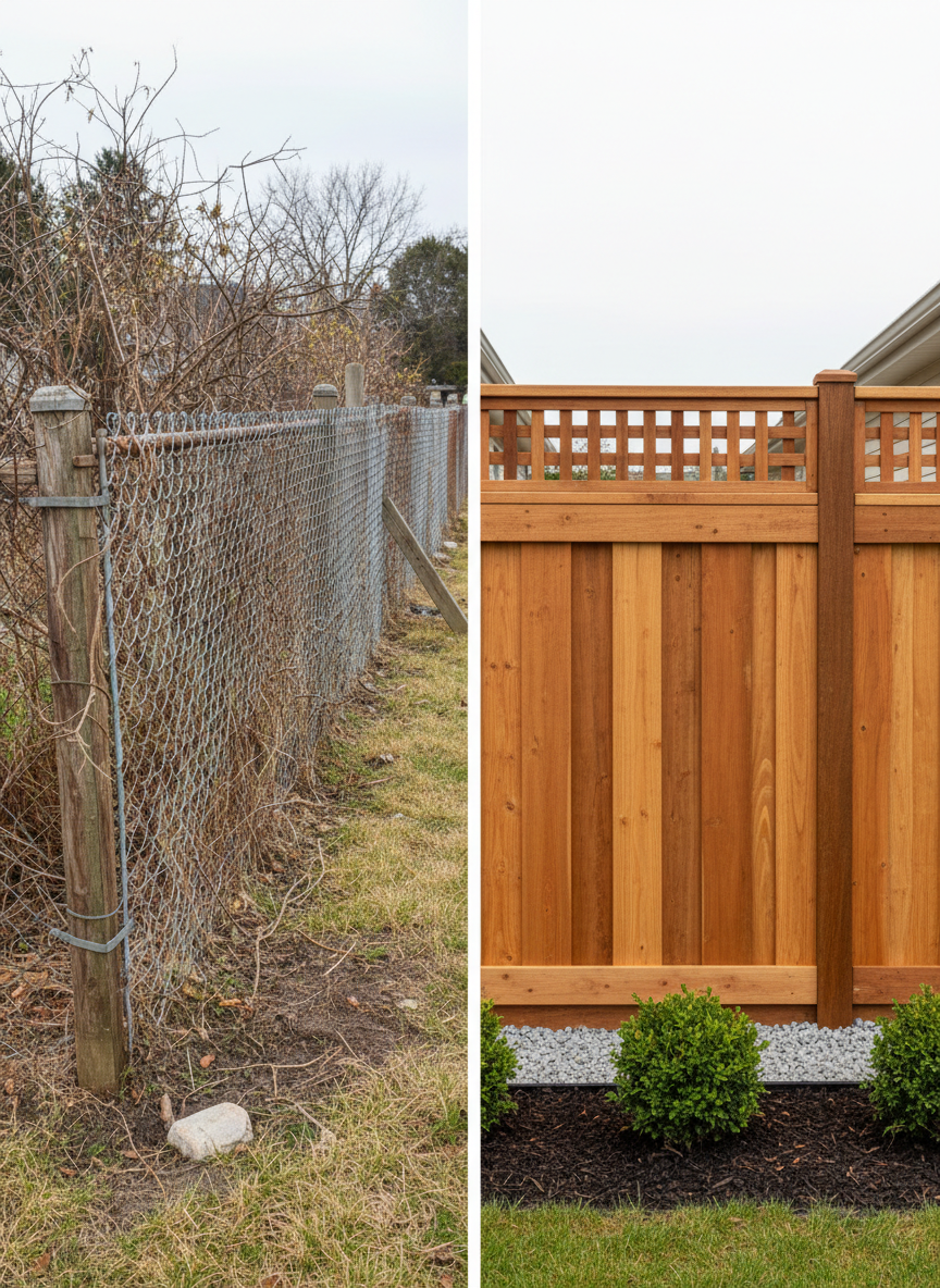 A dramatic before-and-after composite of a residential backyard boundary: on the left, an old, weathered chain-link fence with patchy grass and uneven ground; on the right, a newly installed custom privacy fence with alternating-width cedar boards and a decorative top rail, standing straight and level. The new fence is paired with a clean gravel border and small ornamental shrubs. Neutral, bright daylight illuminates both sides consistently, ensuring the transformation is obvious. Photographic realism with a straight-on composition divided clearly down the middle, sharp focus throughout, conveying professionalism, attention to detail, and the value of quality outdoor construction upgrades.