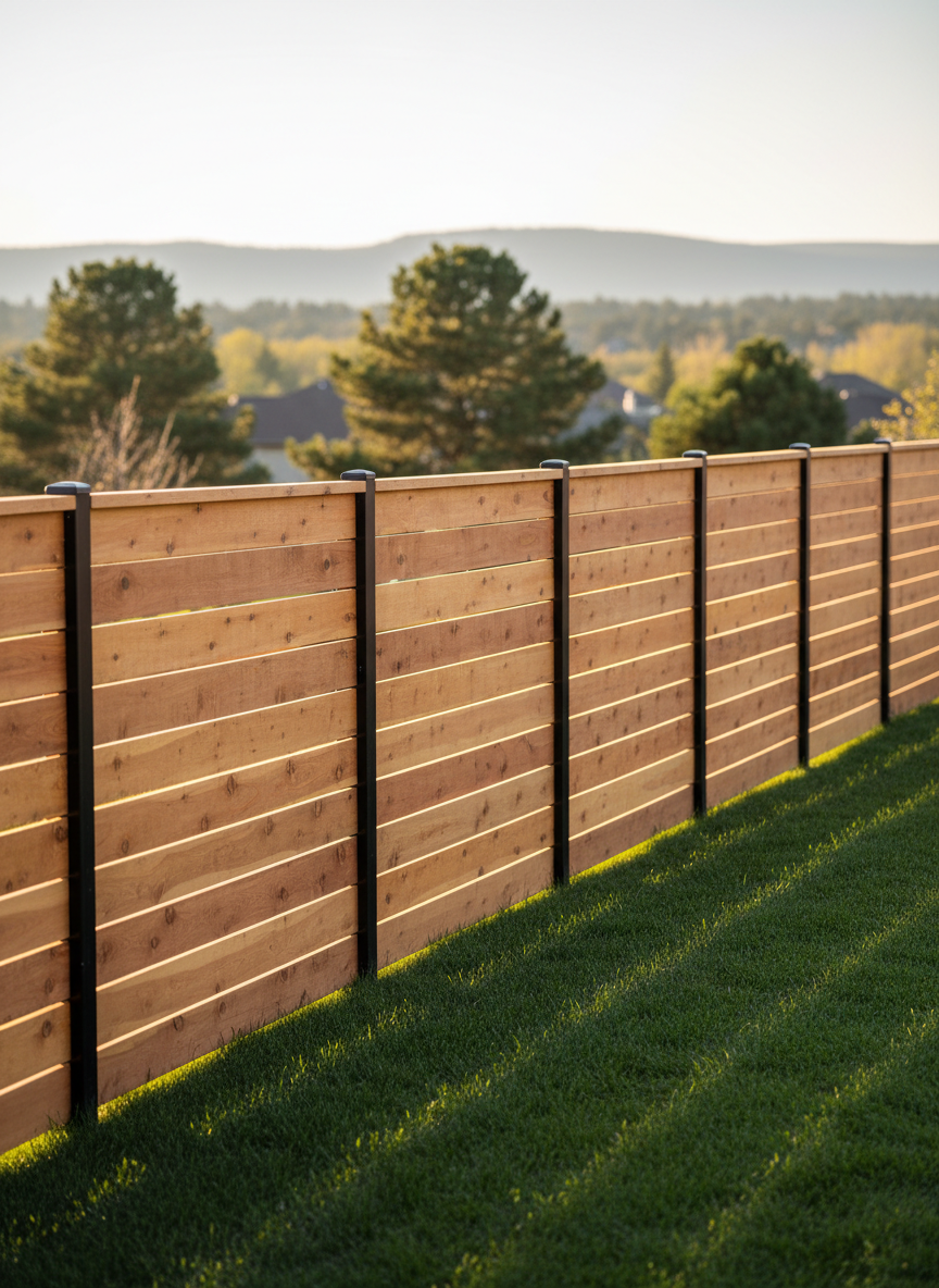 A long stretch of high-end custom cedar privacy fence running along a manicured suburban backyard in Douglas County, Colorado. The boards are tightly spaced, perfectly aligned, and capped with a smooth horizontal trim, with black powder-coated steel posts adding a modern touch. Behind the fence, mature pines and a distant ridgeline are softly blurred. Late afternoon golden-hour sunlight washes across the warm wood grain, highlighting knots and subtle color variations, casting clean shadows on the neatly cut green lawn. Photographic realism, shot at eye level with a slight angle to show depth and length, sharp focus on the fence with a gentle bokeh background, creating a professional, trustworthy, and premium construction feel.