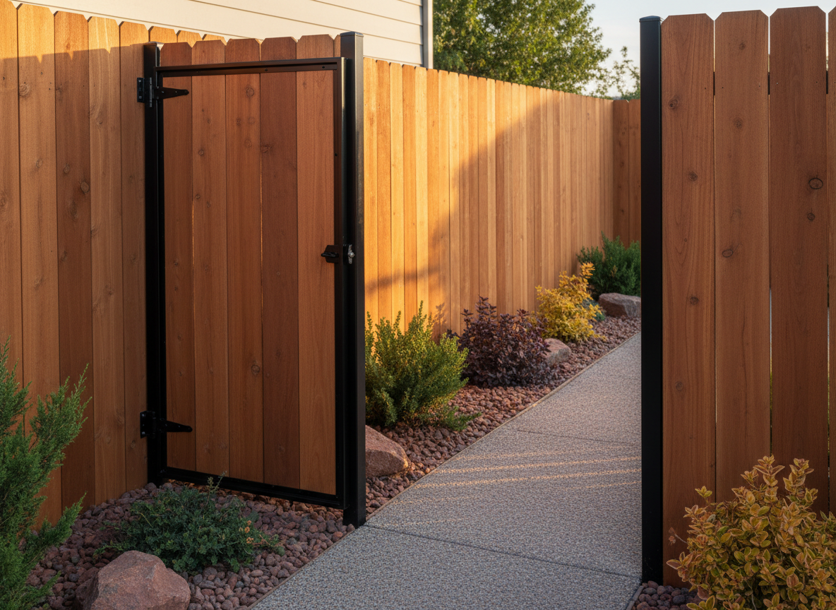 A side yard access corridor featuring a custom side gate built from vertical tongue-and-groove cedar planks, framed with heavy-duty black steel and secured to a matching privacy fence. The gate sits on a narrow gravel path with clean edging, flanked by xeriscape plantings of rocks and hardy shrubs typical of Colorado landscapes. Warm, low-angle evening light grazes the wood surface, bringing out rich amber tones and creating precise shadows along the frame and hinges. Photographic realism at a three-quarter angle, depth of field keeping the gate and adjacent fence razor sharp while the far end of the path fades softly, evoking security, craftsmanship, and thoughtful use of tight spaces.