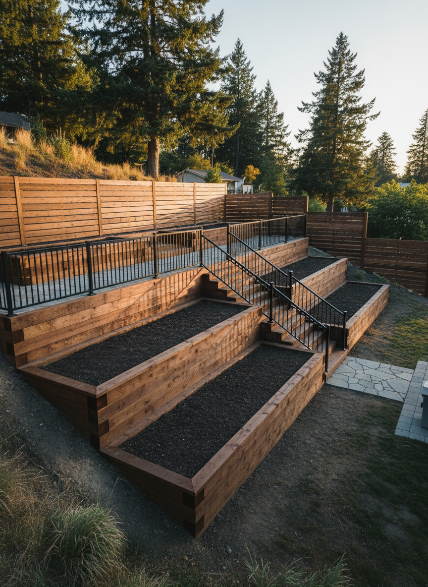 A wide-angle view of a sloped property in Douglas County transformed with multiple outdoor construction elements: a sturdy, stepped retaining wall of stained timber ties, a black metal railing atop the wall, and a matching horizontal-slat privacy fence at the property line. Rectangular raised planters and a small set of timber-framed stairs connect the different levels. Late afternoon sun casts long, soft shadows, adding depth and emphasizing the geometry of the landscape. Photographic realism from a slightly elevated perspective, capturing the full layout with sharp focus, showcasing how coordinated fences, carpentry, and garden boxes create a cohesive, high-end outdoor living environment.