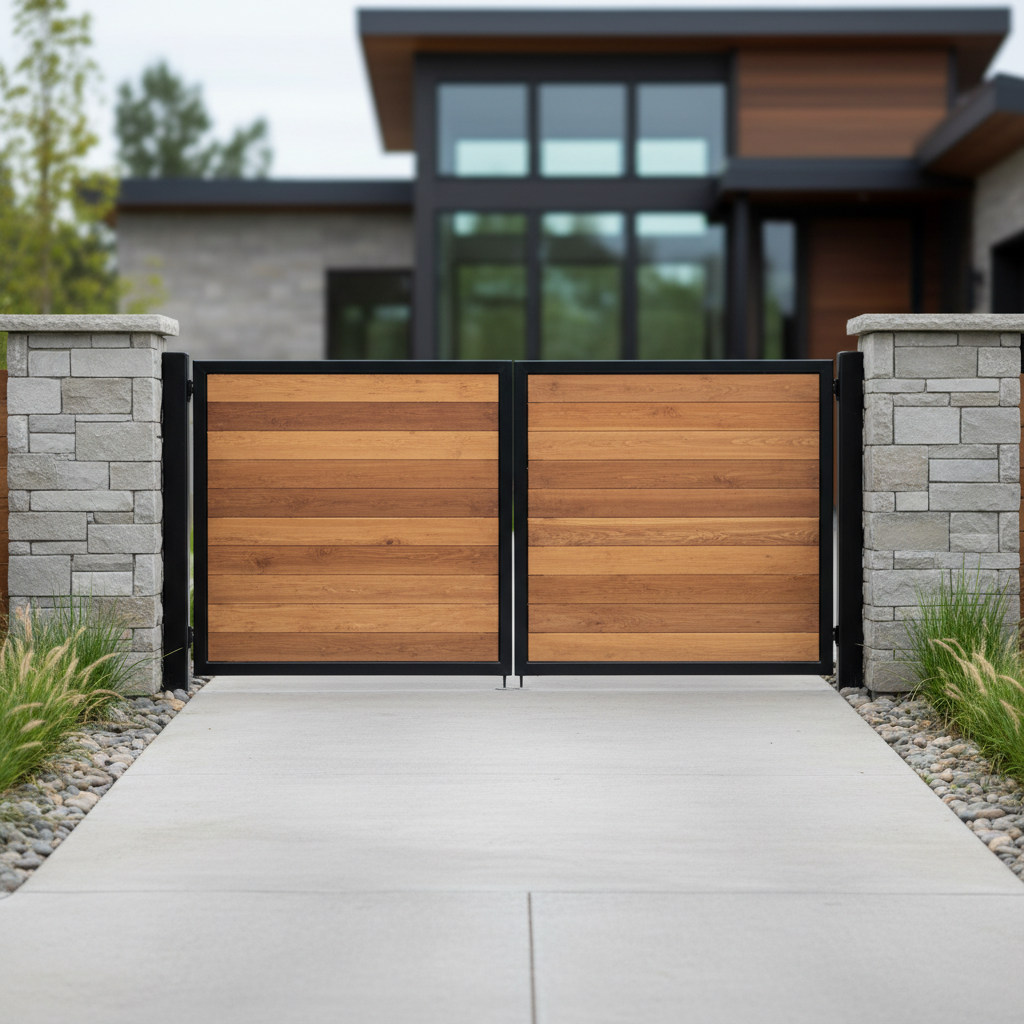 A custom steel and wood driveway gate at the entrance of a contemporary home, featuring thick, horizontal cedar planks framed in matte black welded steel. The gate spans between stone-clad pillars and sits above a clean concrete drive edged with river rock and native grasses. Soft overcast daylight creates even, diffused lighting that reveals the texture of the wood and subtle sheen of the metal without harsh shadows. Photographic realism from a slightly low, centered perspective, emphasizing the gate’s craftsmanship and sturdy construction. The background home is tastefully blurred, ensuring the focus remains on the custom gate as a centerpiece of high-end outdoor construction.