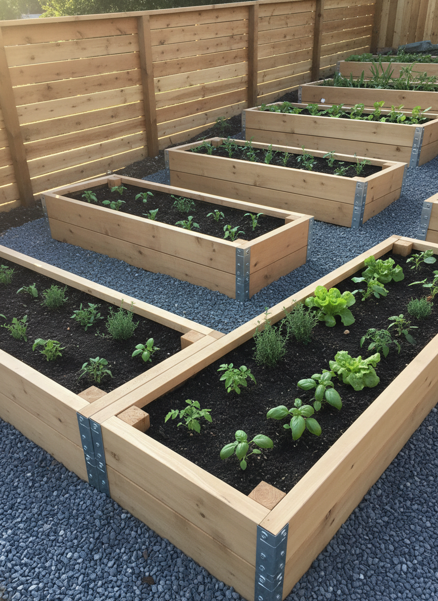 A detailed close-up of a custom-built wooden garden box system terraced along a gentle slope, constructed from smooth planed cedar boards with clean mitered corners and galvanized hardware. Fresh, dark soil fills each box, with young vegetable plants and herbs emerging in tidy rows. The boxes are bordered by crushed gravel pathways and a backdrop of a simple horizontal-slat fence. Soft morning sunlight creates delicate highlights along the top edges of the boards and subtle shadows in the joints, emphasizing craftsmanship. Photographic realism with a slightly elevated angle and moderate depth of field, conveying an organized, high-quality outdoor carpentry project that feels both functional and refined.