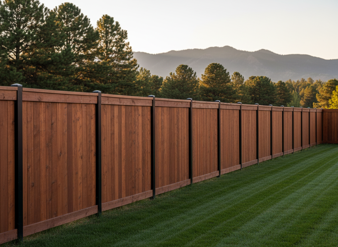 A long stretch of high-end custom cedar privacy fence running along a manicured suburban backyard in Douglas County, Colorado. The boards are tightly spaced, perfectly aligned, and capped with a smooth horizontal trim, with black powder-coated steel posts adding a modern touch. Behind the fence, mature pines and a distant ridgeline are softly blurred. Late afternoon golden-hour sunlight washes across the warm wood grain, highlighting knots and subtle color variations, casting clean shadows on the neatly cut green lawn. Photographic realism, shot at eye level with a slight angle to show depth and length, sharp focus on the fence with a gentle bokeh background, creating a professional, trustworthy, and premium construction feel.