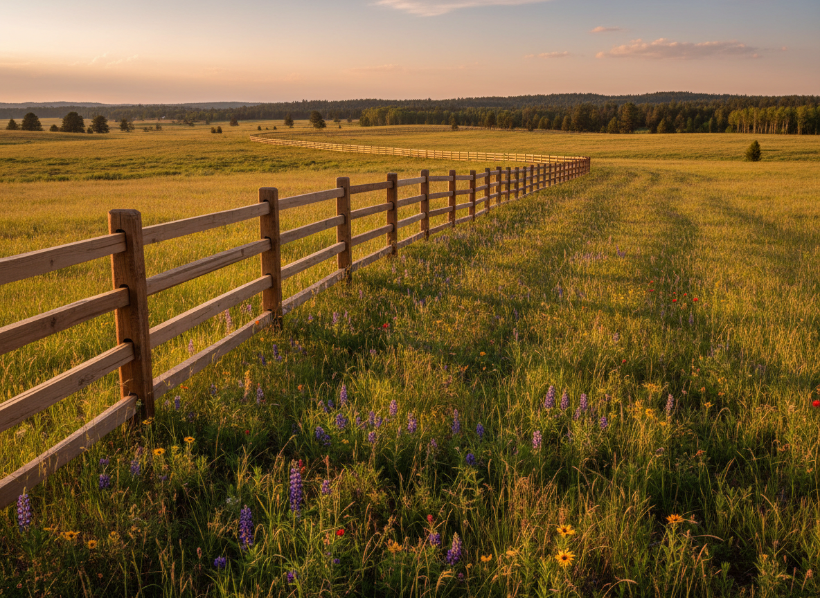 A long run of custom ranch-style split-rail fence following the gentle curves of a pasture just outside Douglas County, built with thick, sanded timber rails and robust pressure-treated posts set in perfectly aligned intervals. Native grasses and wildflowers fill the foreground, while rolling hills and a distant tree line define the horizon. Late afternoon sun creates a warm, golden glow, with the fence casting soft, rhythmic shadows across the uneven ground. Photographic realism from a low, slightly angled vantage point, the fence leading the viewer’s eye into the distance, emphasizing durability, craftsmanship, and harmonious integration with the Colorado landscape.
